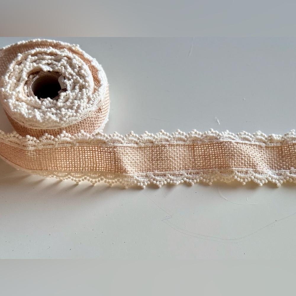 SHABBY CHIC 2” Jute Burlap Ribbon w Cream Lace Trim Cottagecore Tan & White
